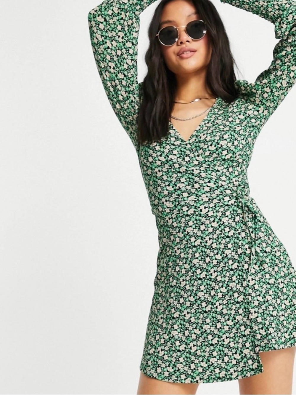 Top Shop Green Floral Wrap Mini Dress - Classic Fit